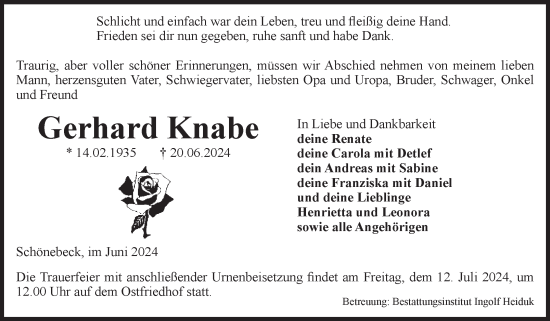 Traueranzeige von Gerhard Knabe von Volksstimme Schönebeck