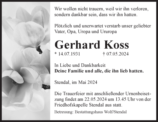 Traueranzeige von Gerhard Koss von Volksstimme Altmark Ost