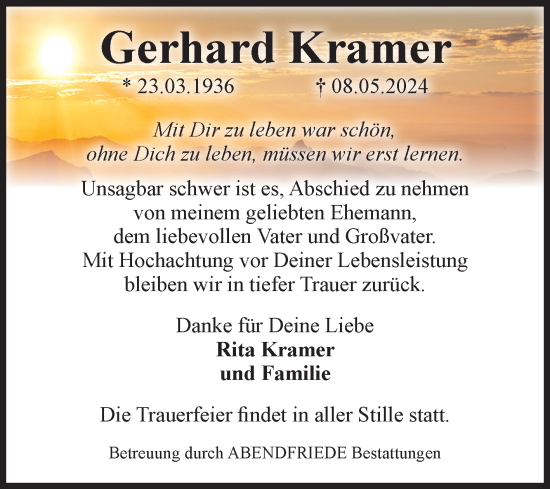 Traueranzeige von Gerhard Kramer von Volksstimme Magdeburg