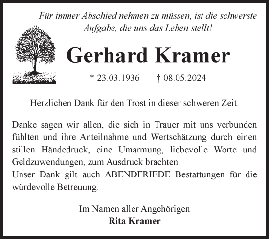 Traueranzeige von Gerhard Kramer von Volksstimme Magdeburg