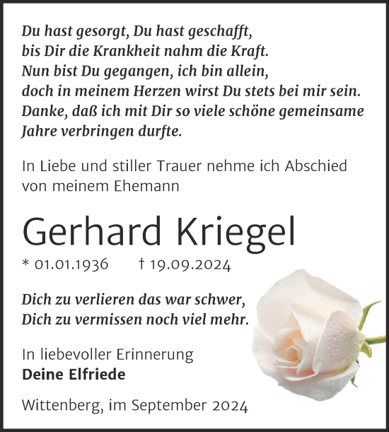 Traueranzeige von Gerhard Kriegel von Trauerkombi Wittenberg