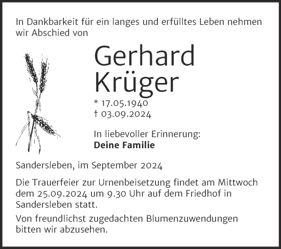 Traueranzeige von Gerhard Krüger von Trauerkombi Mansfelder Land