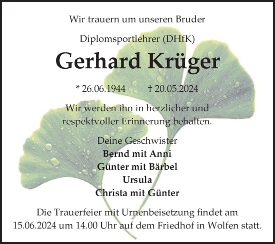 Traueranzeige von Gerhard Krüger von Trauerkombi Bitterfeld