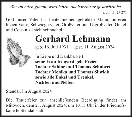 Traueranzeige von Gerhard Lehmann von Volksstimme Altmark Ost
