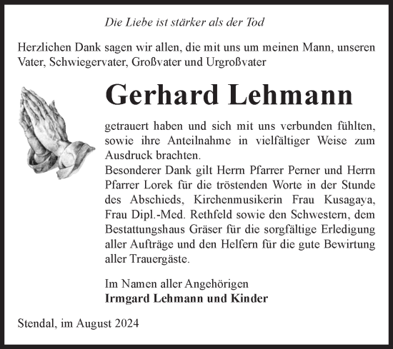 Traueranzeige von Gerhard Lehmann von Volksstimme Altmark Ost