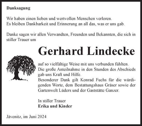 Traueranzeige von Gerhard Lindecke von Volksstimme Altmark West