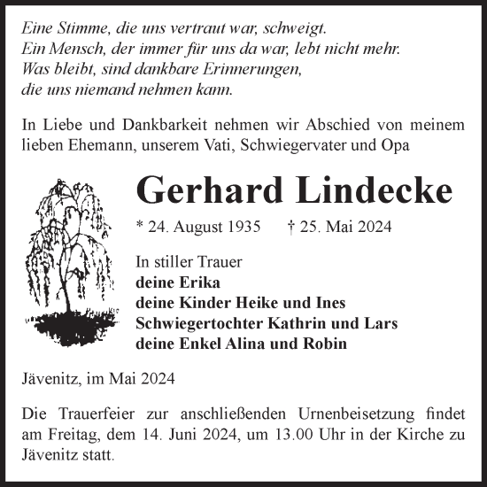 Traueranzeige von Gerhard Lindecke von Volksstimme Altmark West