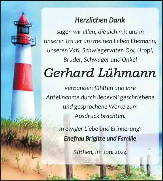 Traueranzeige von Gerhard Lühmann von Trauerkombi Köthen