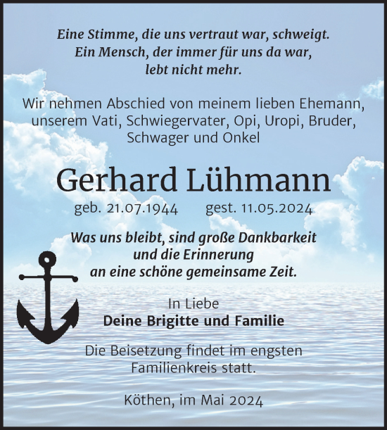Traueranzeige von Gerhard Lühmann von Trauerkombi Köthen