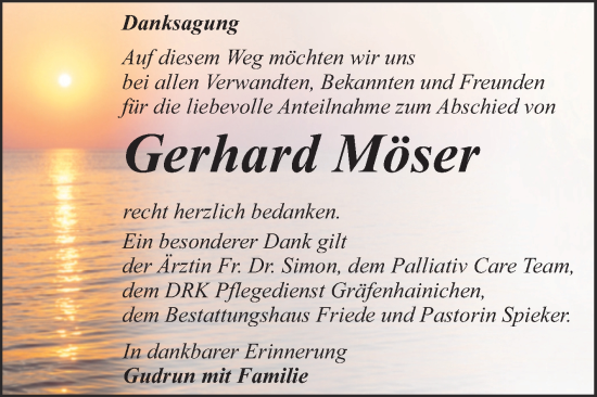 Traueranzeige von Gerhard Möser von Trauerkombi Wittenberg