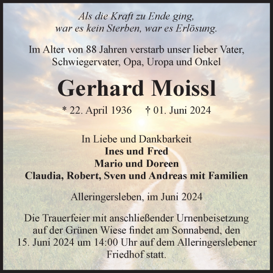 Traueranzeige von Gerhard Moissl von Volksstimme Haldensleben/Wolmirstedt