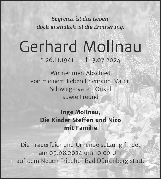Traueranzeige von Gerhard Mollnau von Mitteldeutsche Zeitung Merseburg/Querfurt
