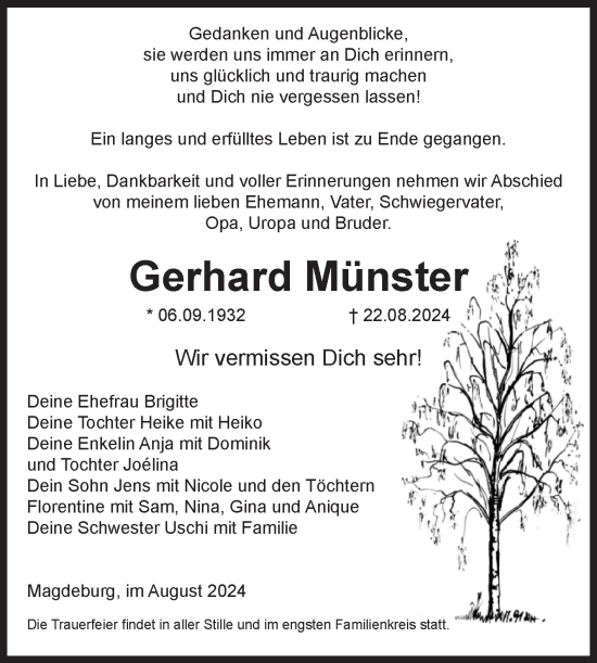 Traueranzeige von Gerhard Münster von Volksstimme Magdeburg