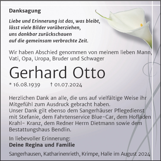 Traueranzeige von Gerhard Otto von Trauerkombi Sangerhausen