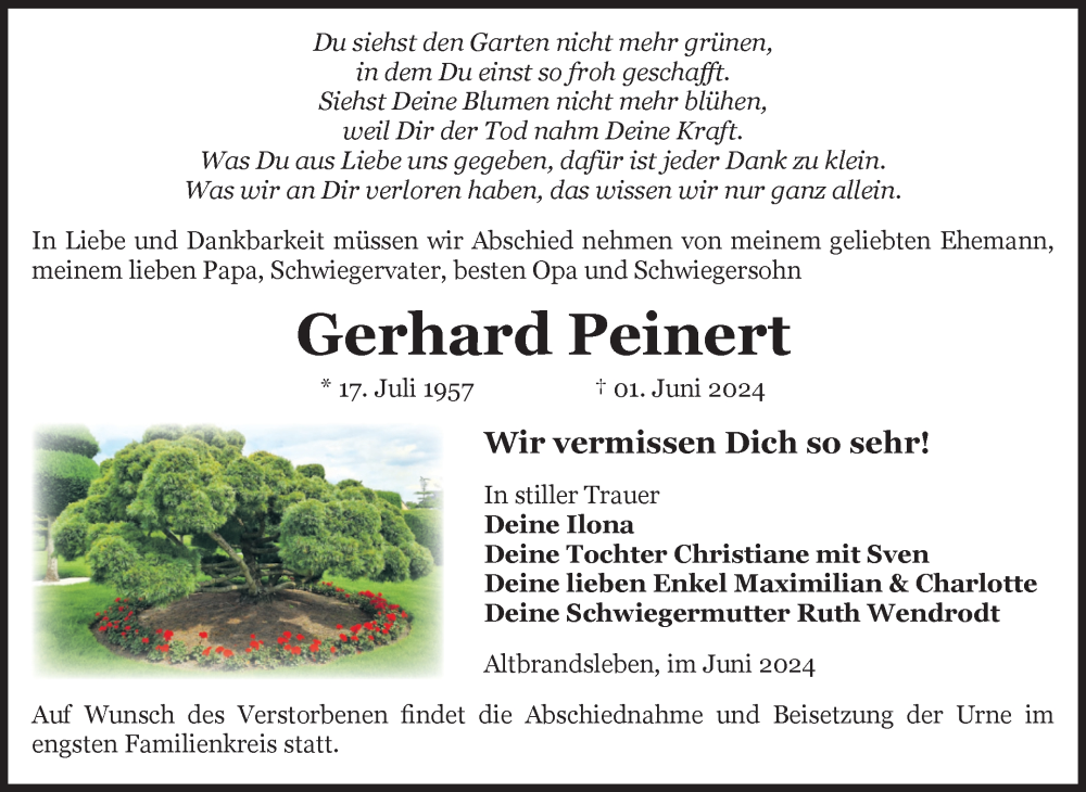  Traueranzeige für Gerhard Peinert vom 08.06.2024 aus Volksstimme Oschersleben/Wanzleben