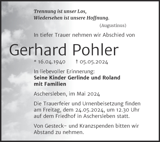 Traueranzeige von Gerhard Pohler von Trauerkombi Aschersleben