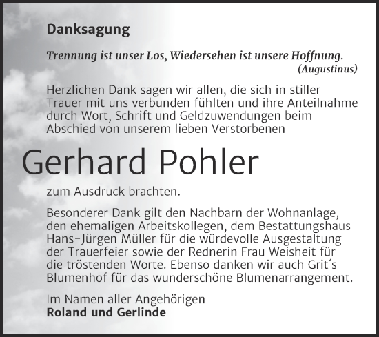 Traueranzeige von Gerhard Pohler von Trauerkombi Aschersleben
