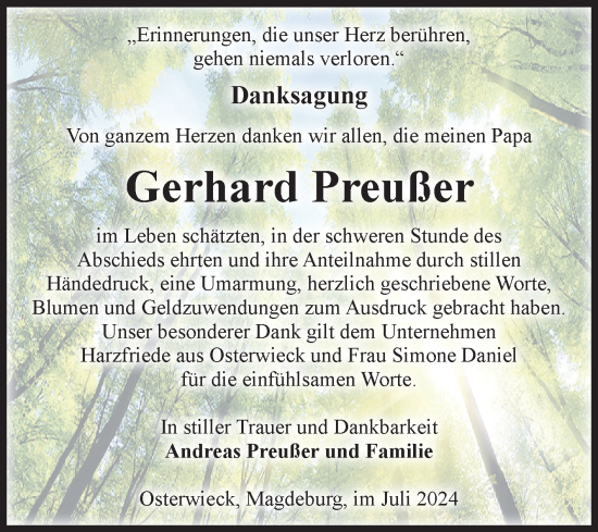 Traueranzeige von Gerhard Preußer von Volksstimme Halberstadt