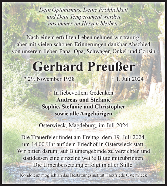 Traueranzeige von Gerhard Preußer von Volksstimme Halberstadt