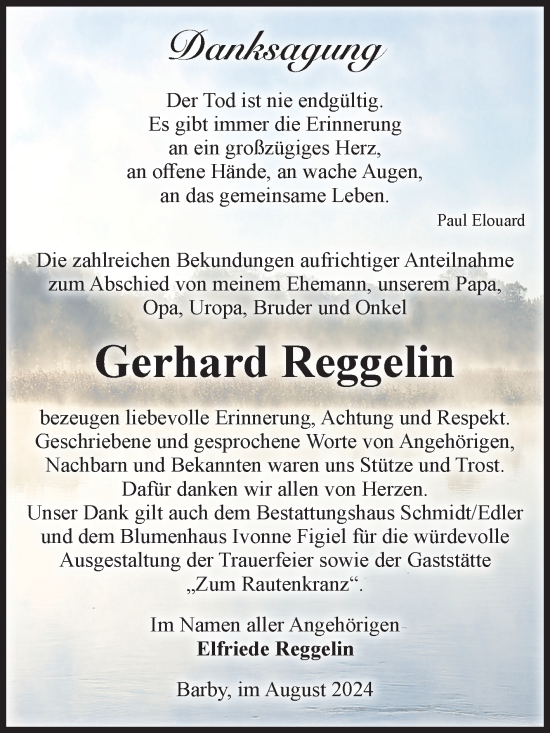 Traueranzeige von Gerhard Reggelin von Volksstimme Schönebeck