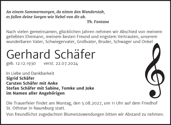 Traueranzeige von Gerhard Schäfer von Naumburger Tageblatt