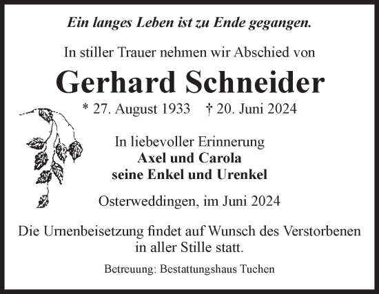 Traueranzeige von Gerhard Schneider von Volksstimme Oschersleben/Wanzleben