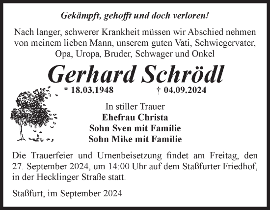 Traueranzeige von Gerhard Schrödl von Volksstimme Staßfurt