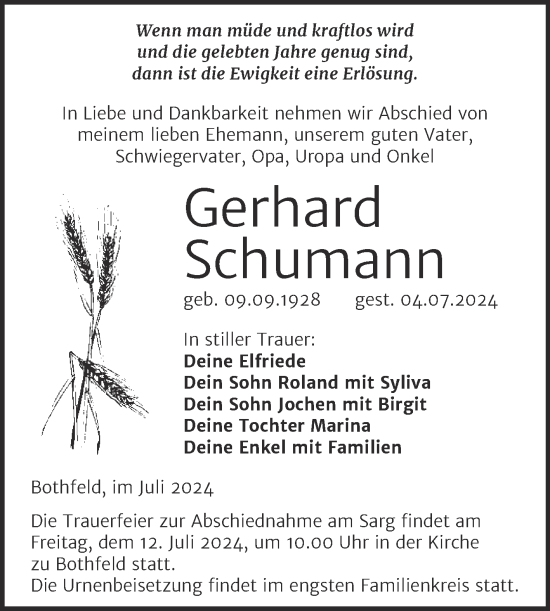 Traueranzeige von Gerhard Schumann von Trauerkombi Weißenfels