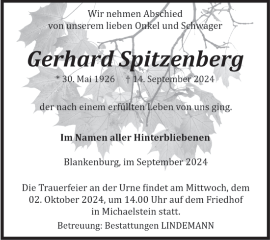 Traueranzeige von Gerhard Spitzenberg von Volksstimme Wernigerode