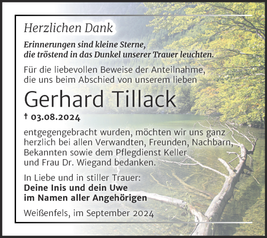 Traueranzeige von Gerhard Tillack von Trauerkombi Weißenfels