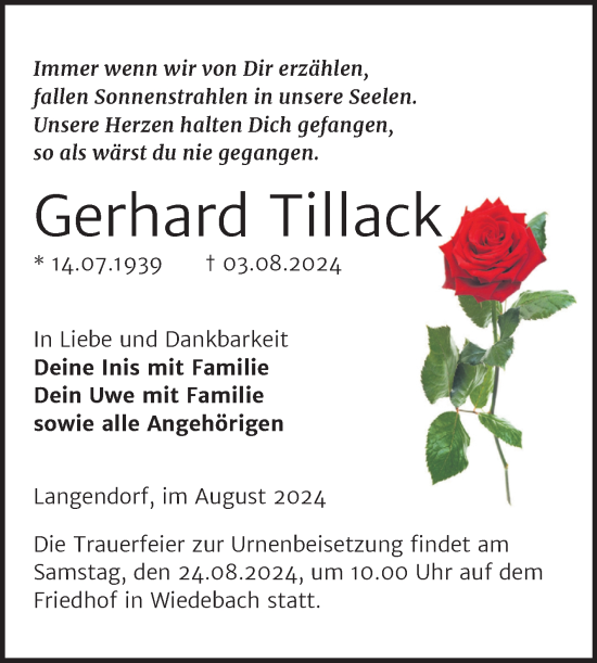 Traueranzeige von Gerhard Tillack von Trauerkombi Weißenfels