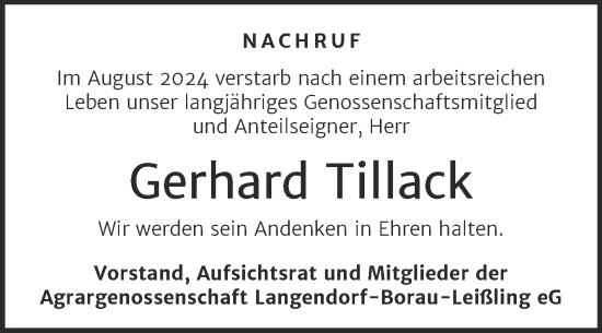 Traueranzeige von Gerhard Tillack von Mitteldeutsche Zeitung Weißenfels