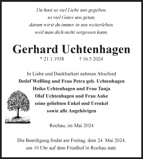 Traueranzeige von Gerhard Uchtenhagen von Volksstimme Altmark Ost