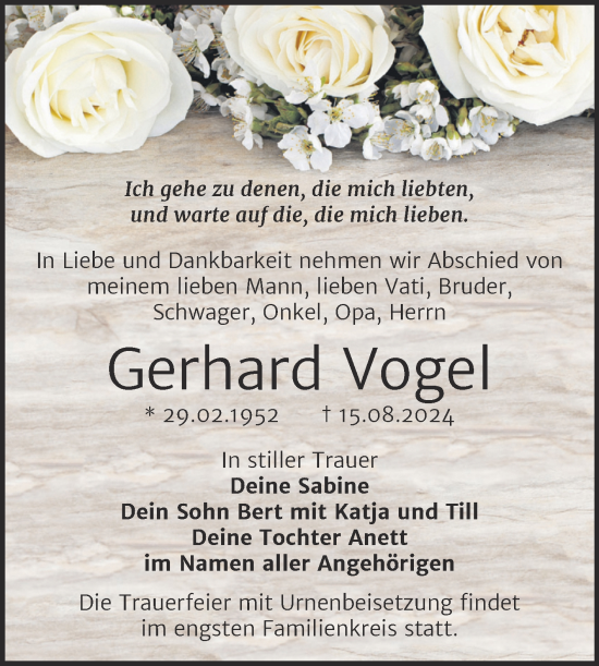 Traueranzeige von Gerhard Vogel von Trauerkombi Weißenfels