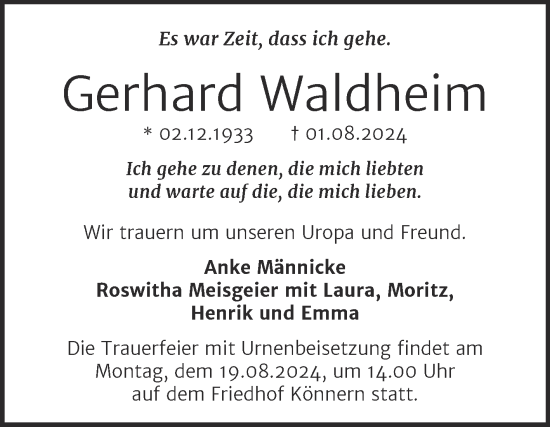 Traueranzeige von Gerhard Waldheim von Trauerkombi Bernburg