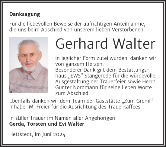 Traueranzeige von Gerhard Walter von Trauerkombi Mansfelder Land