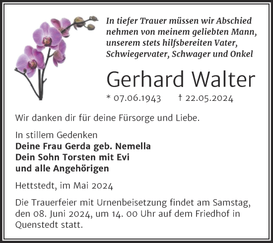 Traueranzeige von Gerhard Walter von Trauerkombi Mansfelder Land