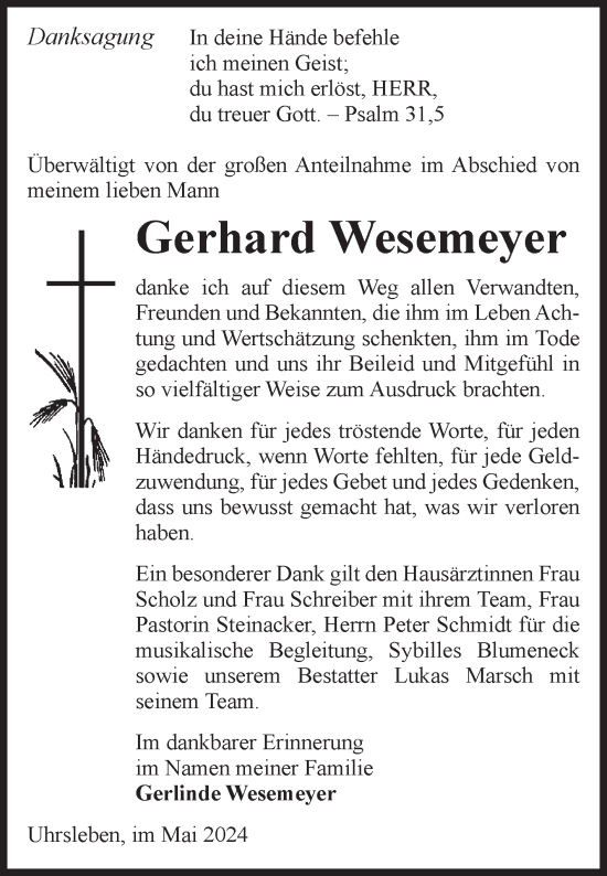 Traueranzeige von Gerhard Wesemeyer von Volksstimme Haldensleben/Wolmirstedt