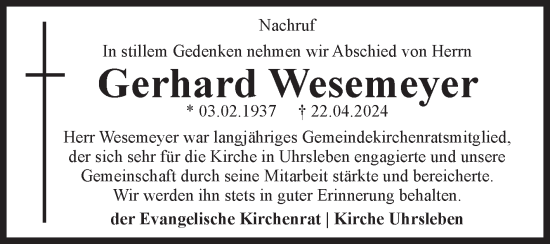 Traueranzeige von Gerhard Wesemeyer von Volksstimme Haldensleben/Wolmirstedt