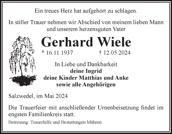 Traueranzeige von Gerhard Wiele von Volksstimme Altmark West