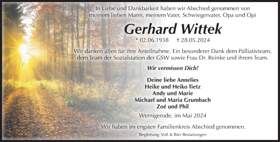 Traueranzeige von Gerhard Wittek von Volksstimme Wernigerode