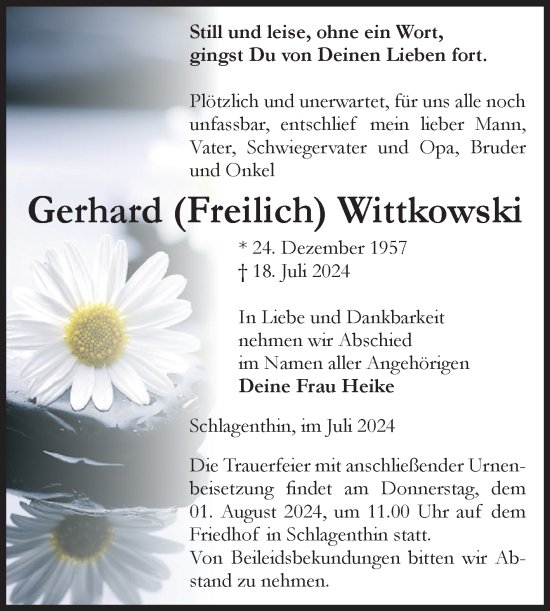 Traueranzeige von Gerhard Wittkowski von Volksstimme Burg/Genthin