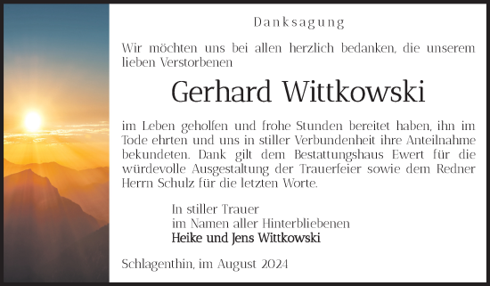 Traueranzeige von Gerhard Wittkowski von Volksstimme Burg/Genthin