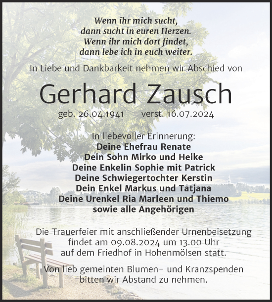 Traueranzeige von Gerhard Zausch von Trauerkombi Weißenfels
