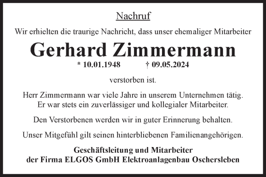Traueranzeige von Gerhard Zimmermann von Volksstimme Oschersleben/Wanzleben