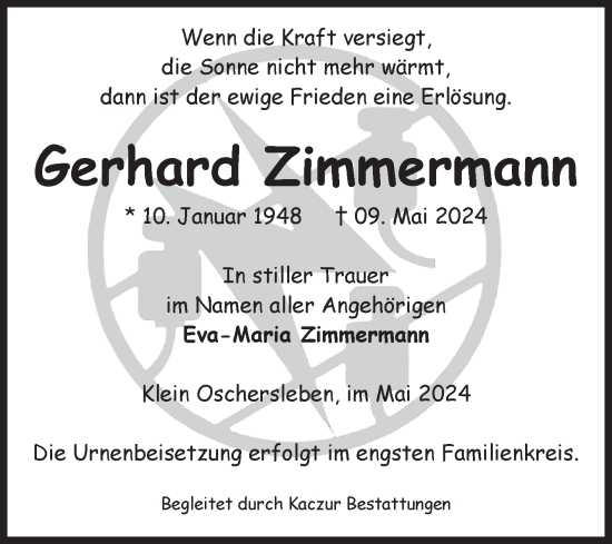Traueranzeige von Gerhard Zimmermann von Volksstimme Oschersleben/Wanzleben