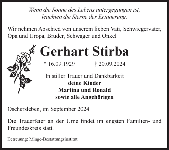 Traueranzeige von Gerhart Stirba von Volksstimme Oschersleben/Wanzleben
