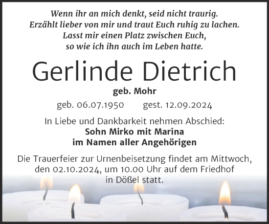 Traueranzeige von Gerlinde Dietrich von Mitteldeutsche Zeitung Halle/Saalkreis