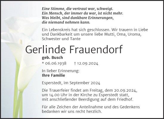 Traueranzeige von Gerlinde Frauendorf von Mitteldeutsche Zeitung Merseburg/Querfurt