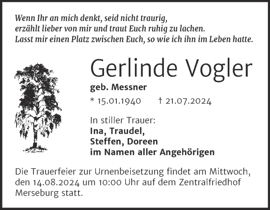 Traueranzeige von Gerlinde Vogler von Trauerkombi Merseburg
